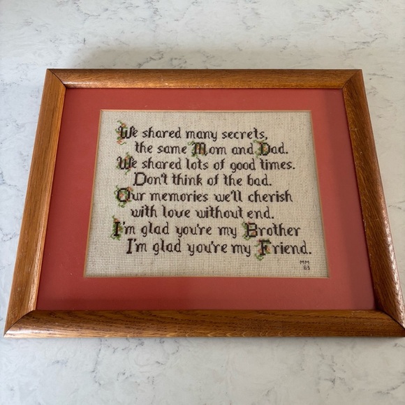 Brother Friendship Treasure Vintage Floral Cross stitch Needle point Framed Art - Picture 2 of 7